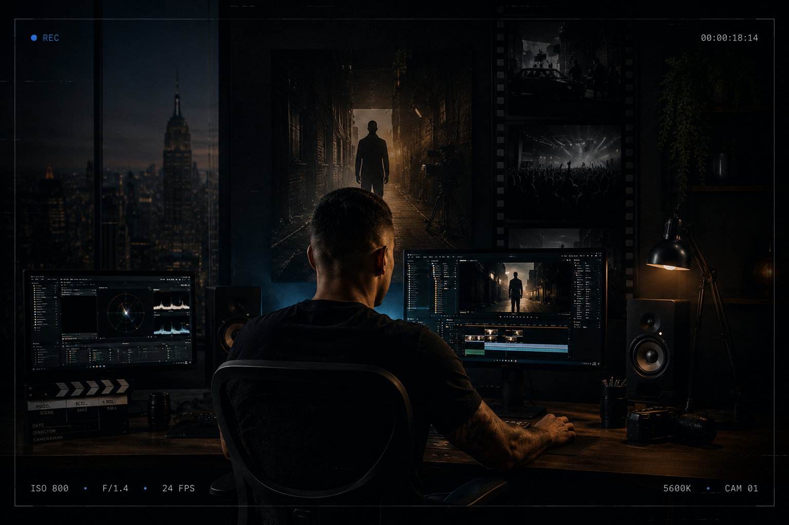 Estúdio de edição audiovisual com monitores exibindo uma timeline de vídeo